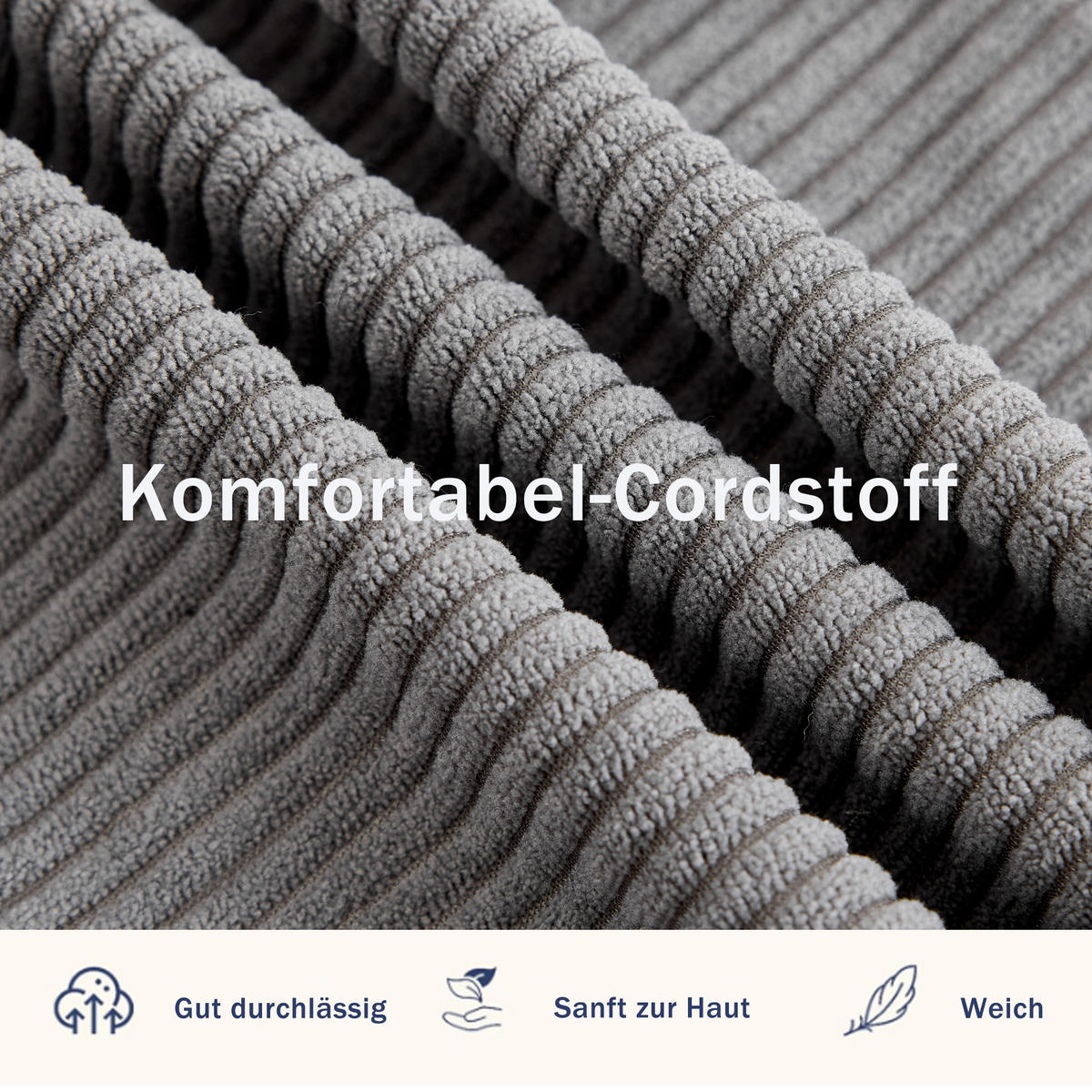 2-SITZER SOFABETT Cord Grau mit Kissen und Magazintaschen - Grau, Holzwerkstoff/Textil (165/67/212cm) - WISHDOR
