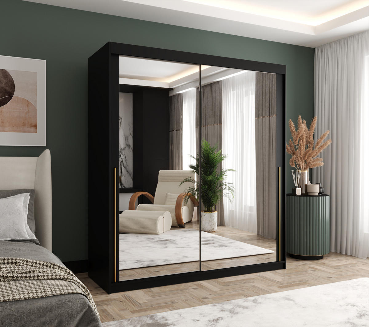 SCHWEBETÜRENSCHRANK mit Spiegel 180 cm Breite, Schwarz mit goldenem Griff - Goldfarben/Schwarz, Holzwerkstoff (180/200/62cm) - Home Collective