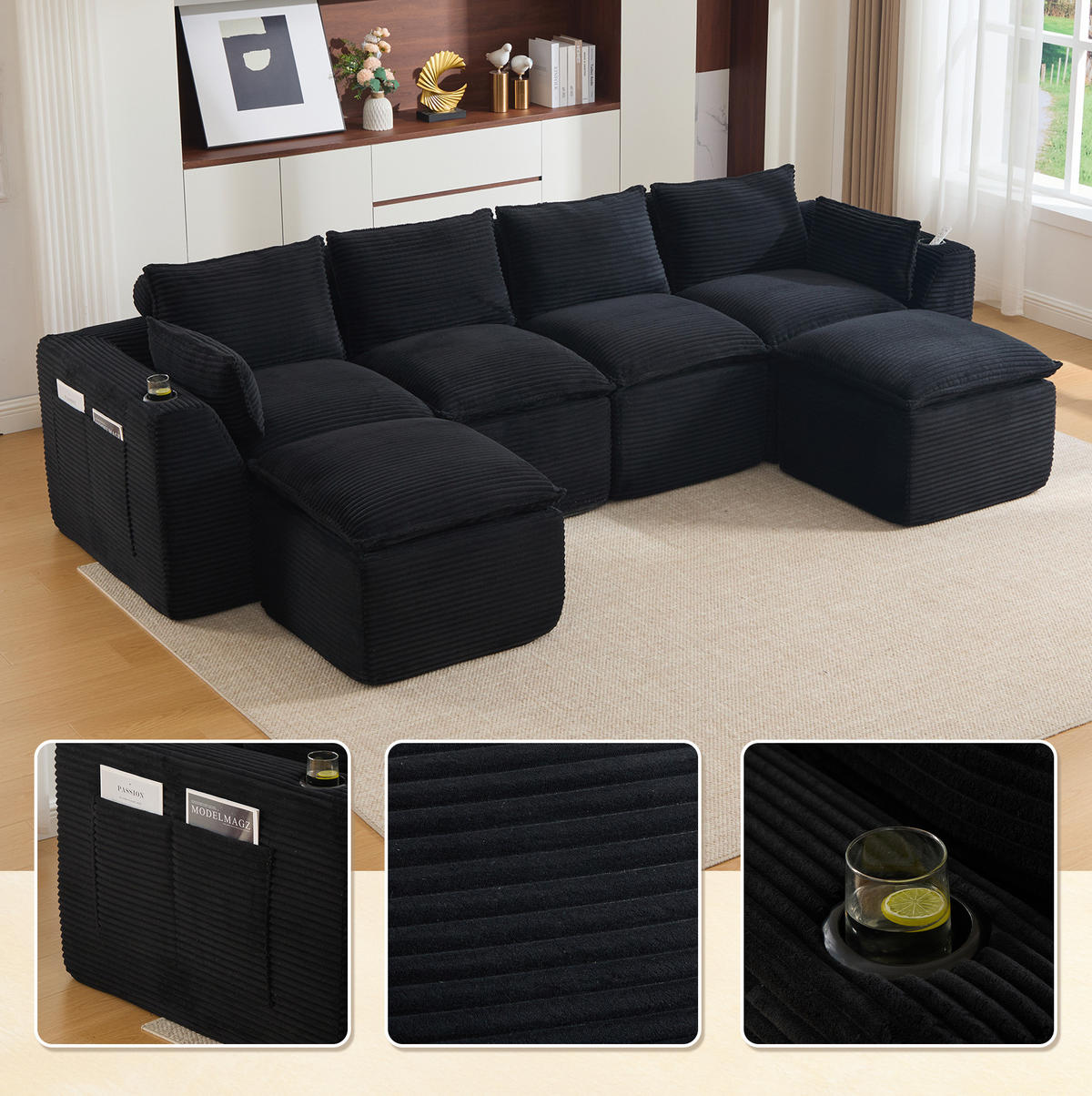 SOFA modular 4-Sitzer mit 2 Fußhockern 322 x 161 cm Cord Black - Schwarz, Kunststoff (161/75/256cm) - Meubliv