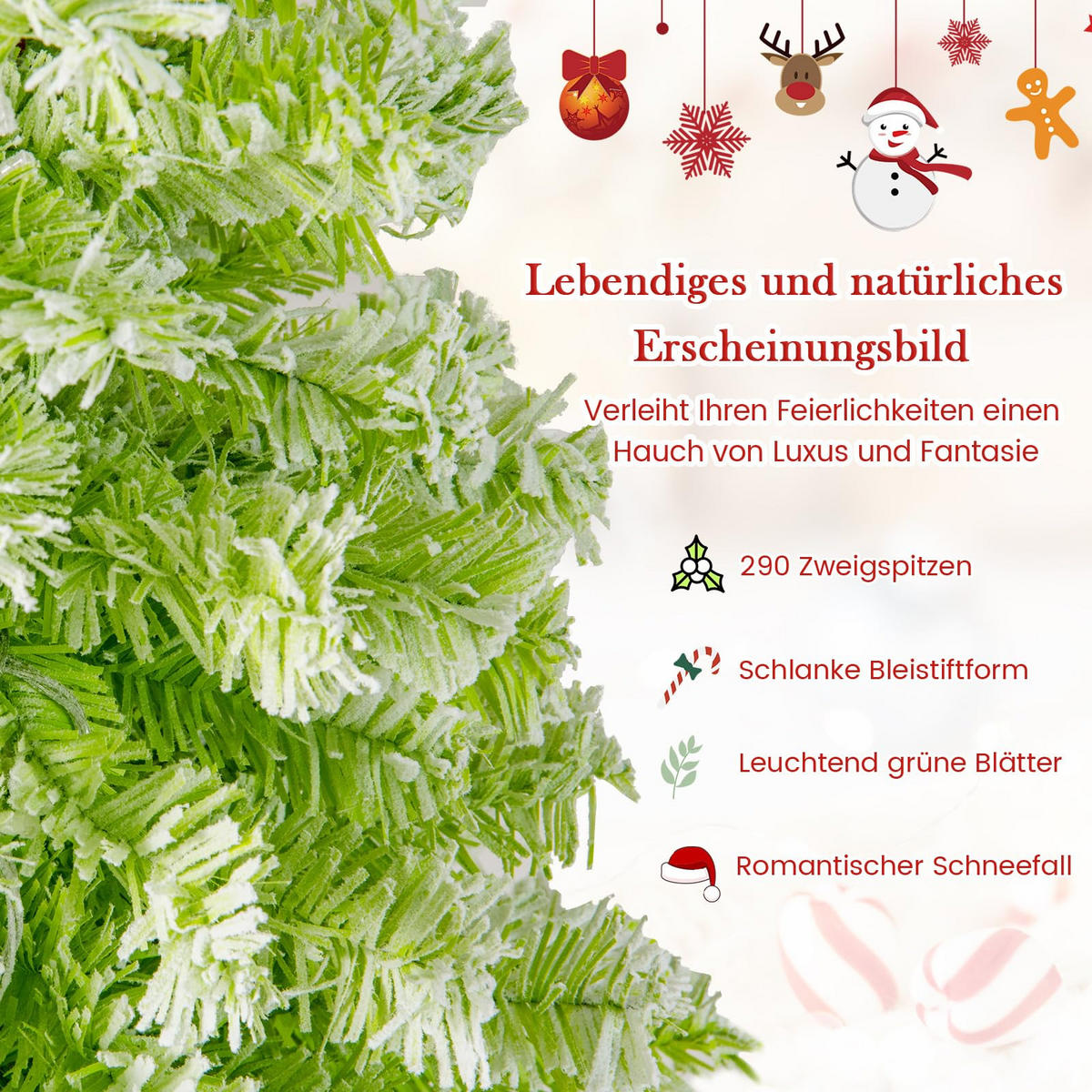 WEIHNACHTSBAUM mit 8 Lichtmodi Beleuchtung und Schnee biegbarer Spitze 180 cm grün - Grün, Metall (180cm) - COSTWAY