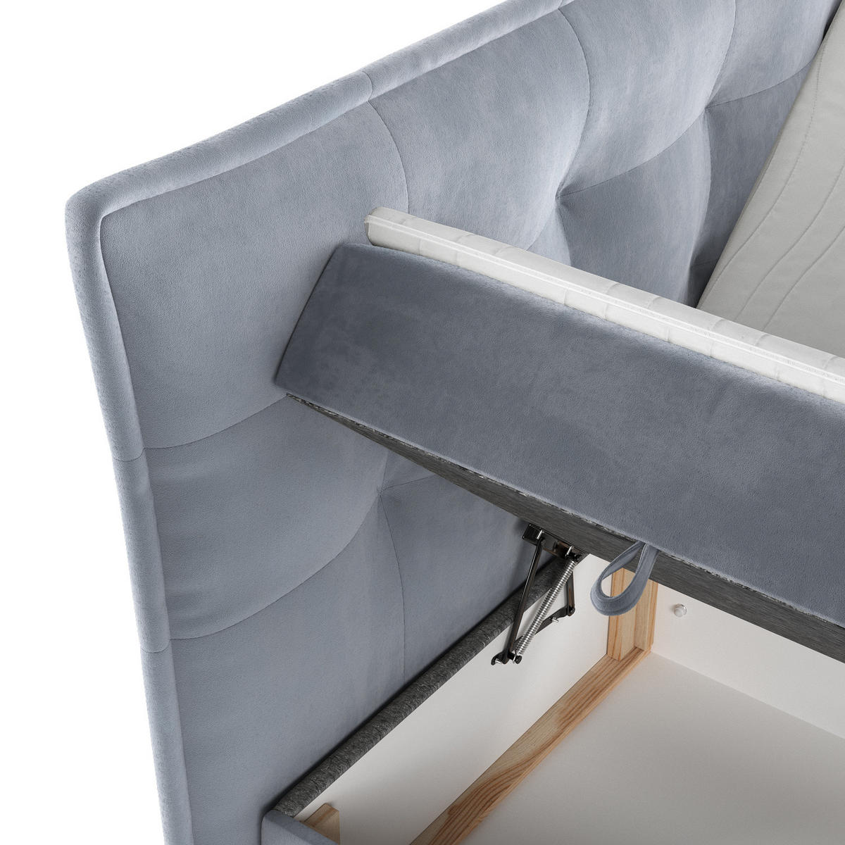 BOXBETT Sinai Blau Grau 140/200 cm mit Taschenmatratze und Topper - Blaugrau/Schwarz, Holz/Holzwerkstoff (140/200cm) - Maison de Reve