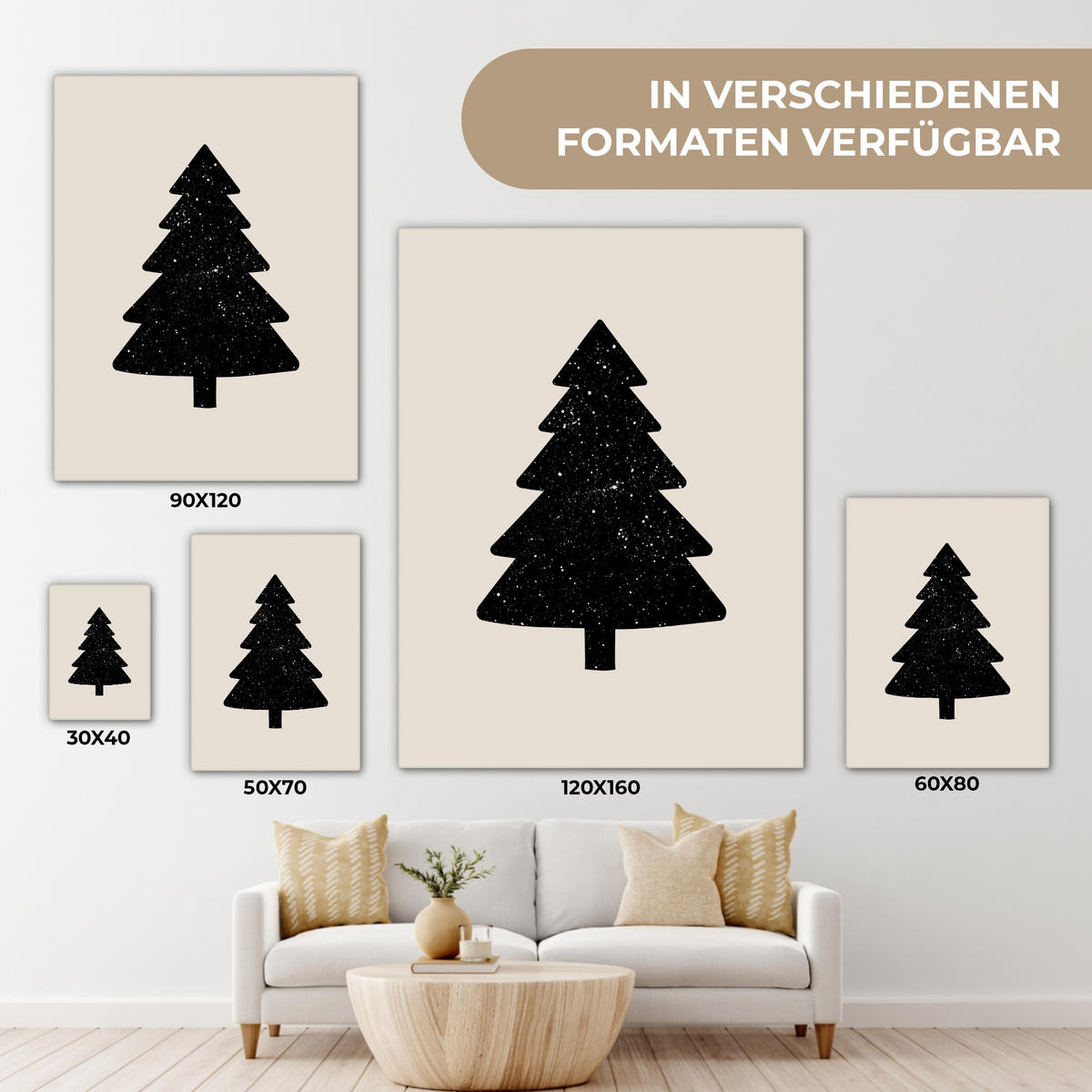 LEINWANDBILD Weihnachtsbaum - Schwarz - Urlaub - Beige 30x40 cm - Schwarz, Textil (30/40cm) - MuchoWow
