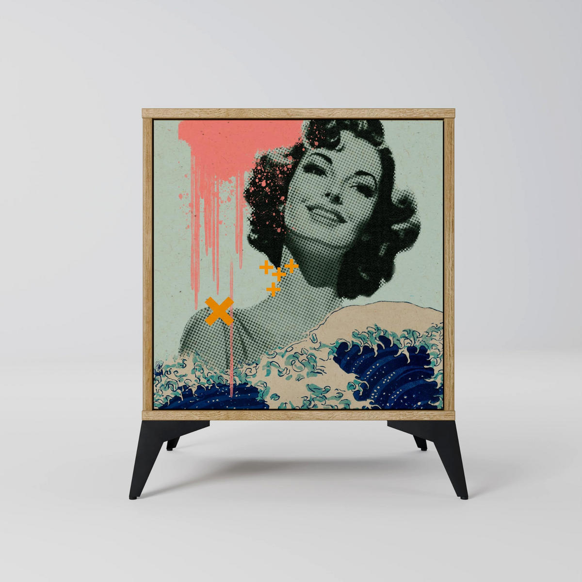 SIDEBOARD KANAGAWA BEAUTY, Eichefarben, 57,5x42x67,5 cm, Schwarze Metall-Rahmenfüße - Eichefarben/Multicolor, Holzwerkstoff/Metall (57.5/67.5/42cm) - SpaceRebels