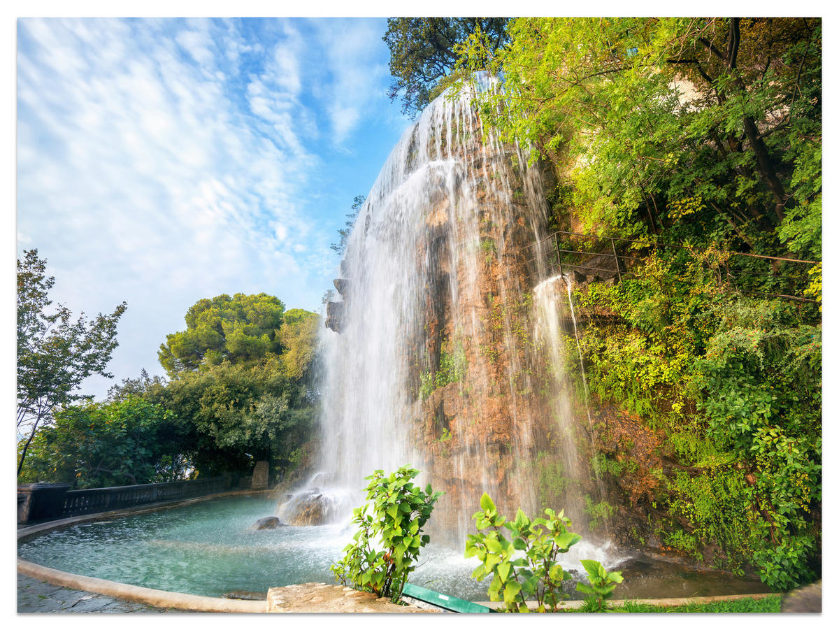 FOTOTAPETE für Wohnzimmer Wasserfall Nizza Felsen Pflanzen Bäume 400x280 - Blau/Beige, Papier (400/280cm) - Muralo