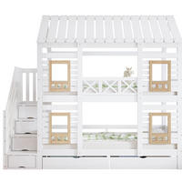 POSCHODOVÁ posteľ 254/95/230 cm biela/prírodná z masívu a MDF s oknami, úložnými schodmi a 2 zásuvkami - biela, drevo (90/200cm) - OKWISH