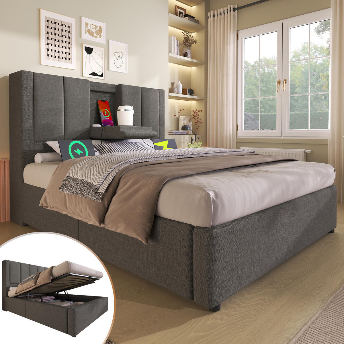 STAURAUMBETT 90/200 cm DE-00536, in Beige, verstecktem Becherhalter und hydraulischem Stauraum - Grau, Metall (90/200cm) - ComfortXL