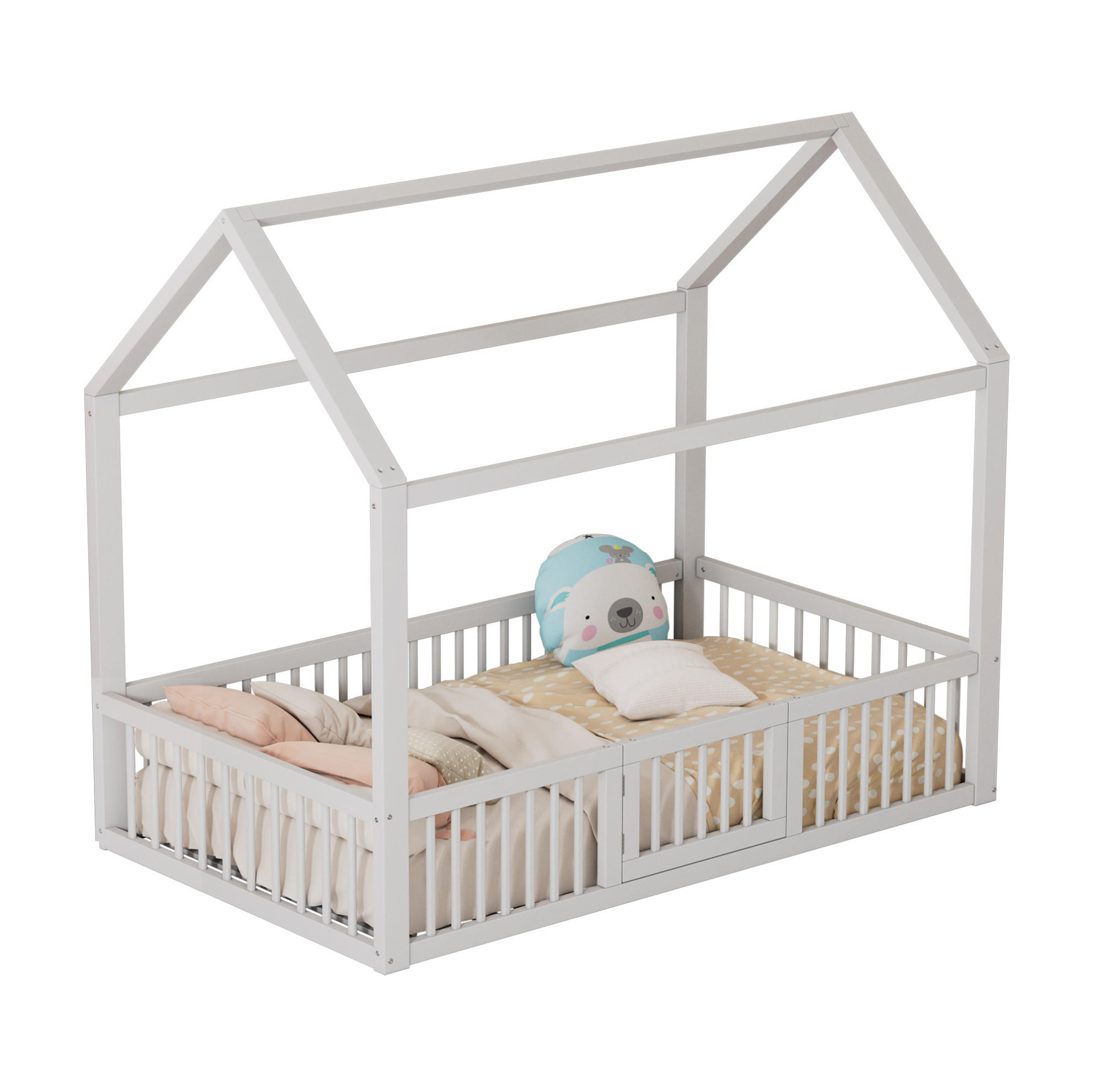 HAUSBETT 90/200 cm in Weiß – aus Kiefernholz mit Dach und Türchen - Weiß, Holz (90/200cm) - BEAOK