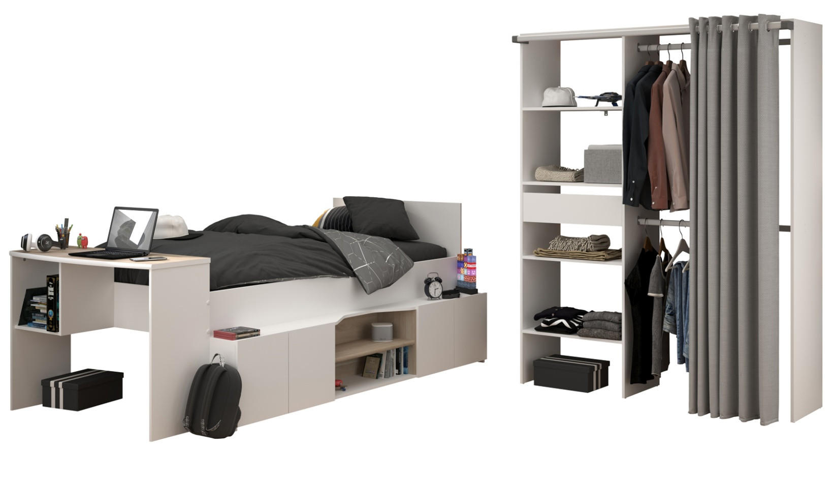 KINDERZIMMER weiß, Eiche 2-teilig, Jugendzimmer-Set mit Stauraumbett und Kleiderschrank - Eichefarben/Weiß, Holzwerkstoff/Metall (241/182/116cm) - Parisot Meuble