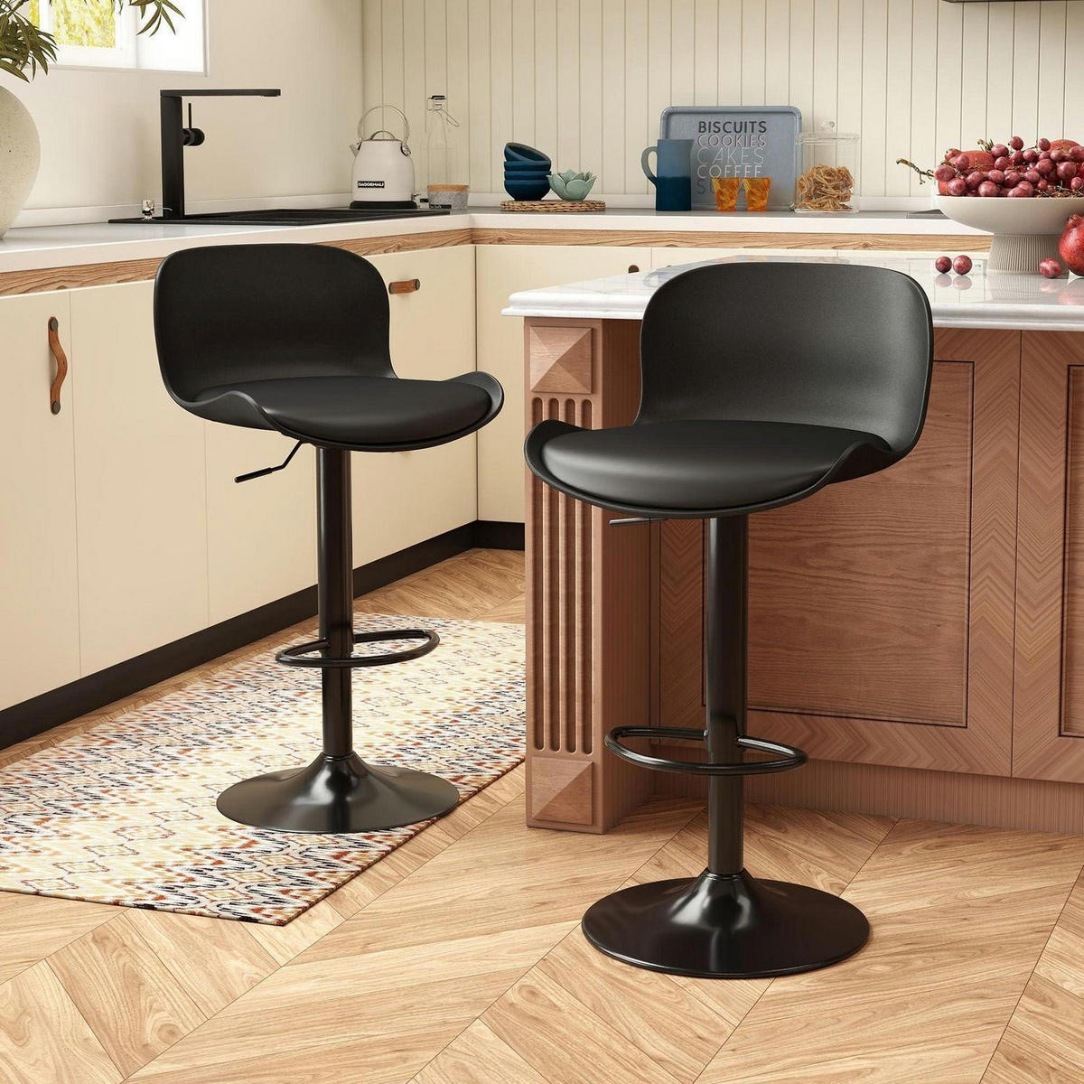 BARHOCKER 2er Set höhenverstellbar, mit Rückenlehne aus PU-Leder in Schwarz - Schwarz, Kunststoff (48/97/45cm)