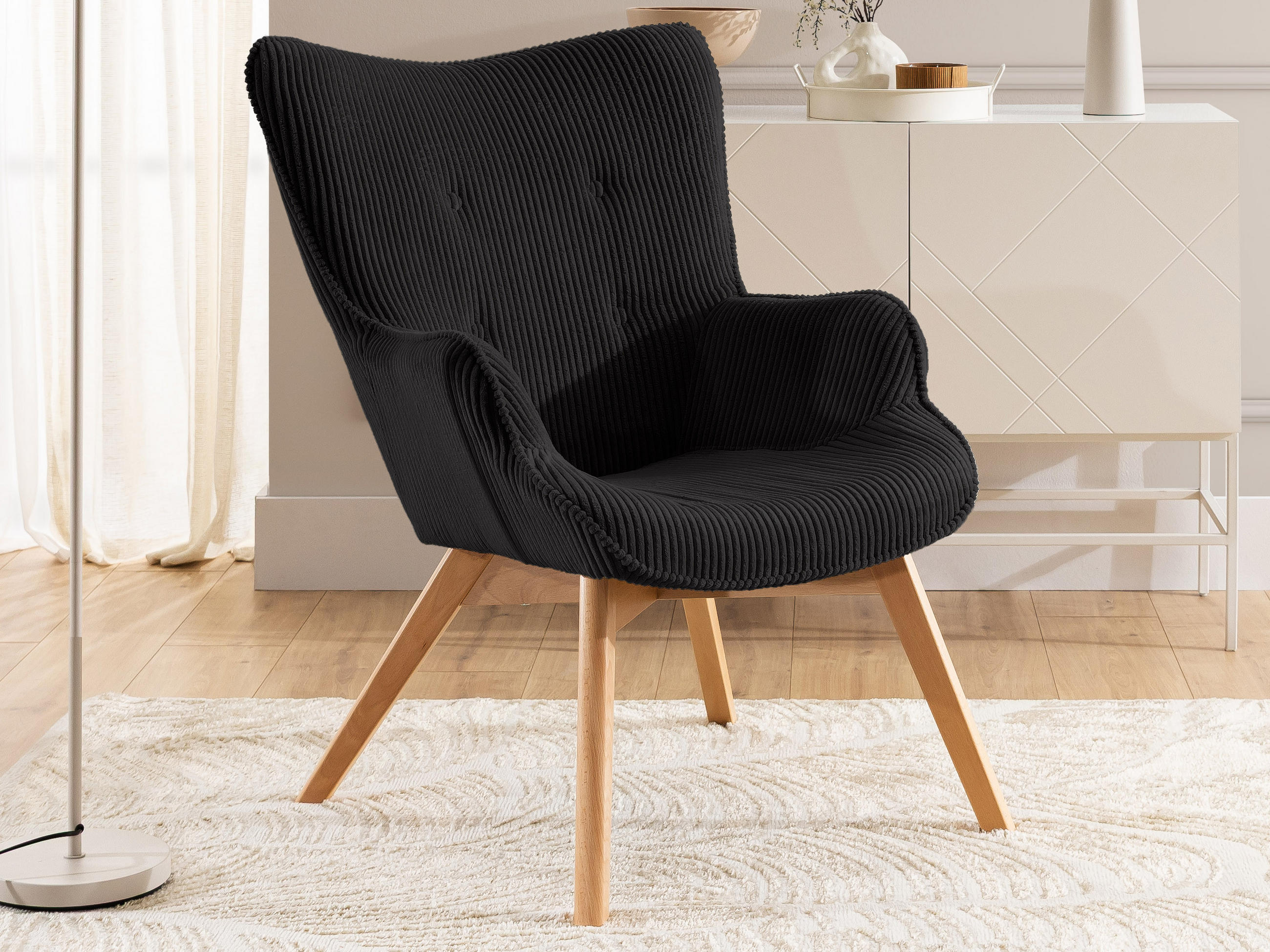 LOUNGESESSEL Lenari Schwarz Cordstoff mit Füßen in Natur - Schwarz/Naturfarben, Holz/Textil (71/96/86cm) - S-Style Möbel