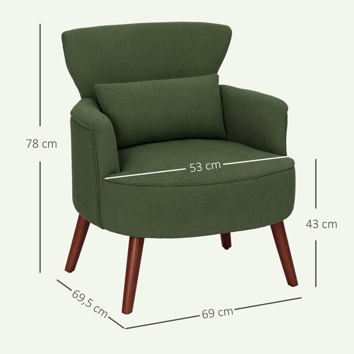 SESSEL Loungesessel mit Armlehnen, Relaxsessel mit Kissen Cordoptik Grün - Braun/Grün, Textil (69/78/69.5cm) - HOMCOM