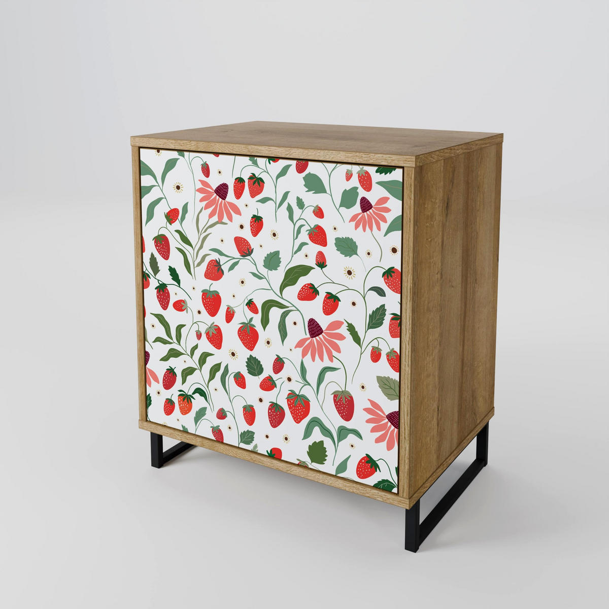 SIDEBOARD FLOWERS AND STRAWBERRIES, Eichefarben, 57,5x42x57,5 cm, Ohne Füße - Eichefarben/Multicolor, Holzwerkstoff (57.5/57.5/42cm) - SpaceRebels
