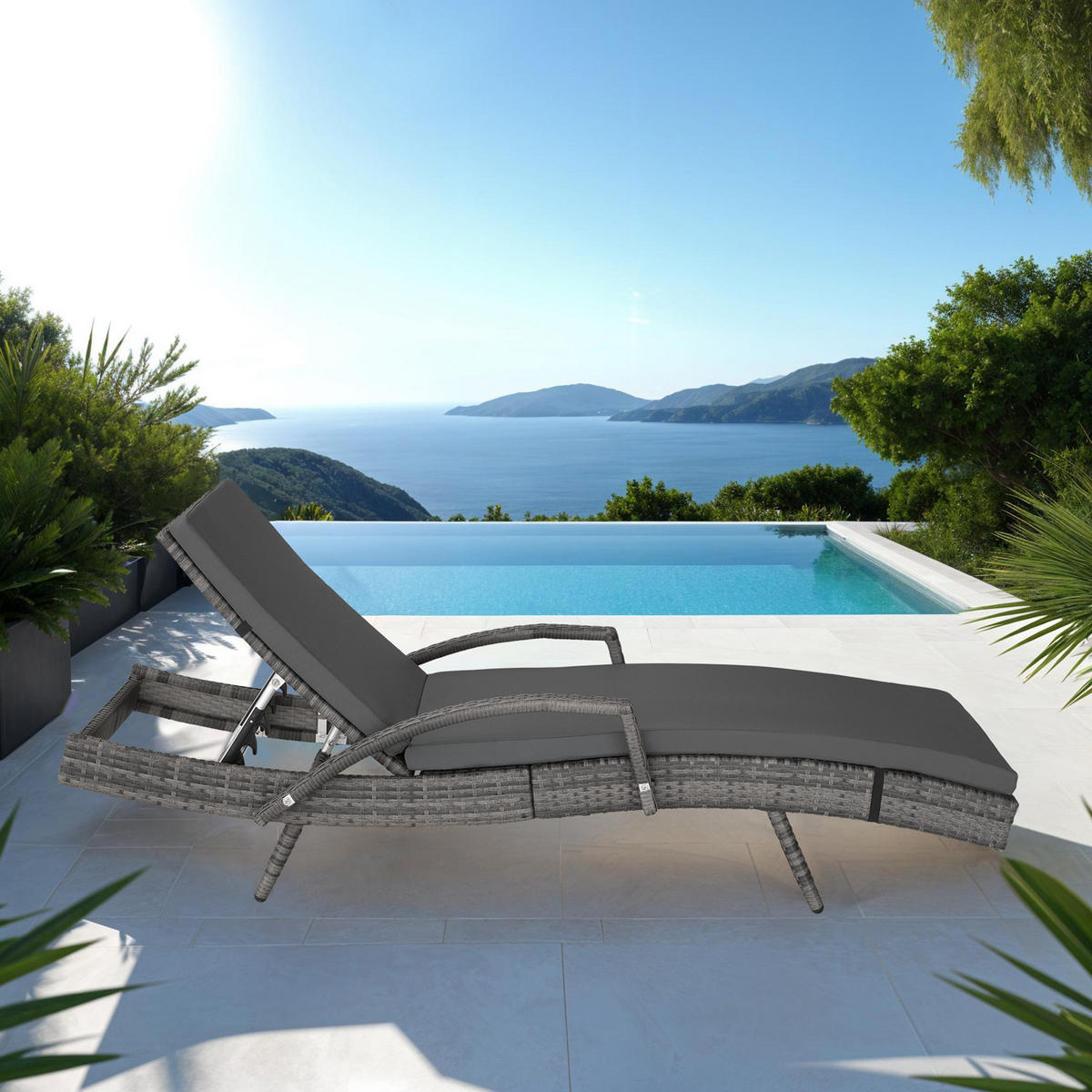 RATTAN-SONNENLIEGE Océane,190 x 71 x 34 – 74,5 cm,grau - Grau, Kunststoff (71/74.5/190cm) - tectake