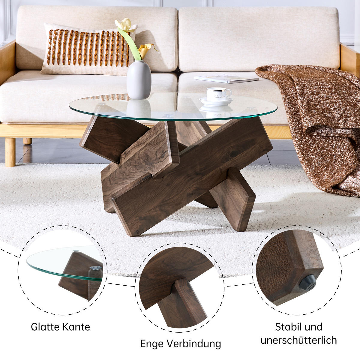COUCHTISCH in Walnussfarbe Wohnzimmertisch mit Kreativer kreuzförmiger Holzrahmen für Wohnzimmer, B79/T79/H45 cm - Transparent/Walnussfarben, Glas/Holzwerkstoff (79/79/45cm) - STILVORA