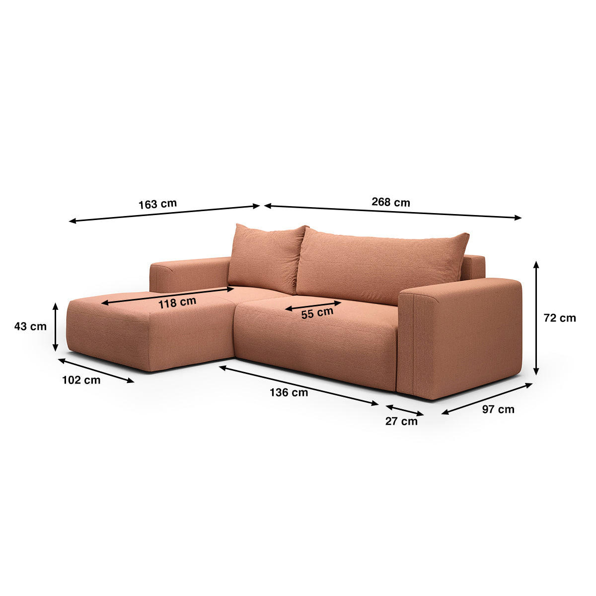 ECKSOFA Bliss 3 Sitzplätze Kupfer - Kupferfarben, Holz (268/163cm) - Petits-meubles