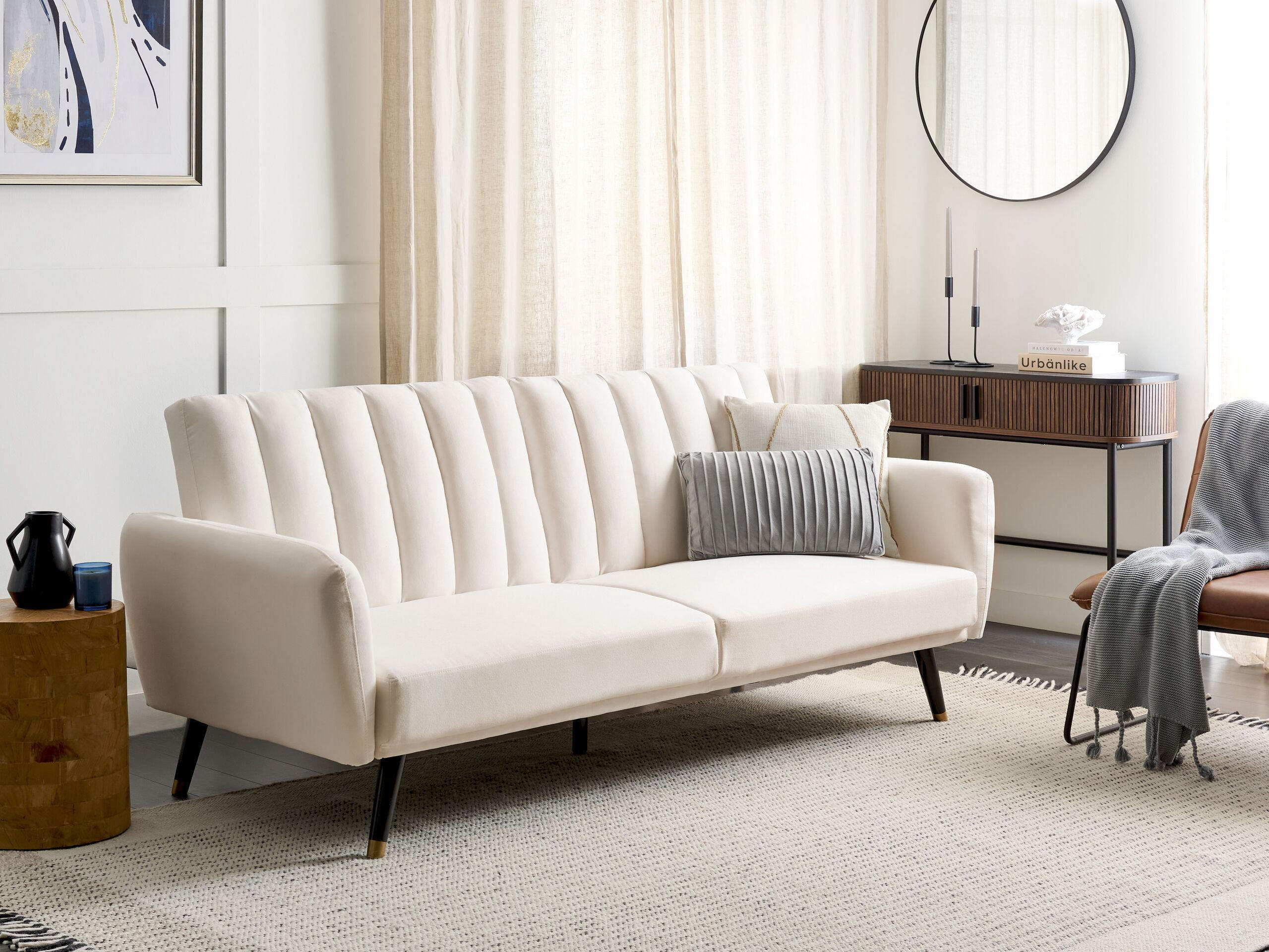 3-SITZER-SCHLAFSOFA Samtstoff hellbeige Vimmerby - Creme, Textil (212/90/80cm) - Beliani