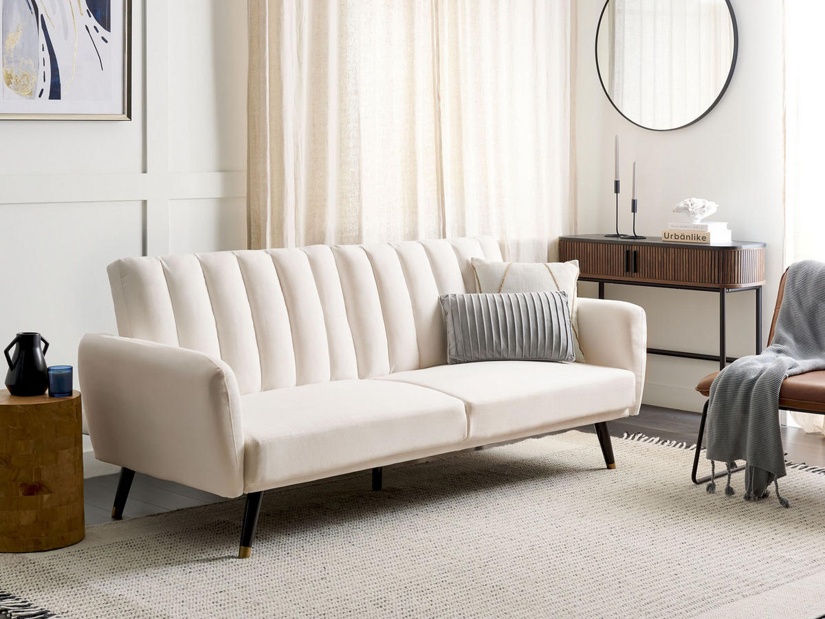 3-SITZER-SCHLAFSOFA Samtstoff hellbeige Vimmerby - Creme, Textil (212/90/80cm) - Beliani