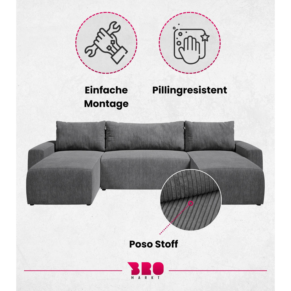 Thumbnail - Bromarkt Wohnlandschaft, Dunkelgrau, Textil, 5-Sitzer, U-Form, 315x72x145 cm, Wohnzimmer, Sofas & Couches, Wohnlandschaf...