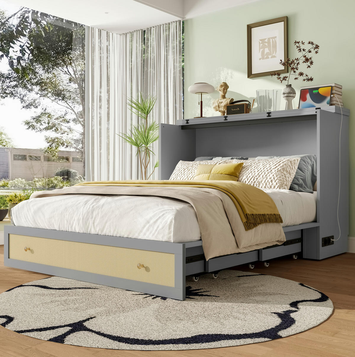 SKŘÍŇOVÁ postel 140/200 cm šedá z MDF s USB, zásuvkou a úložnými zásuvkami - šedá, kompozitní dřevo (140/200cm) - OKWISH