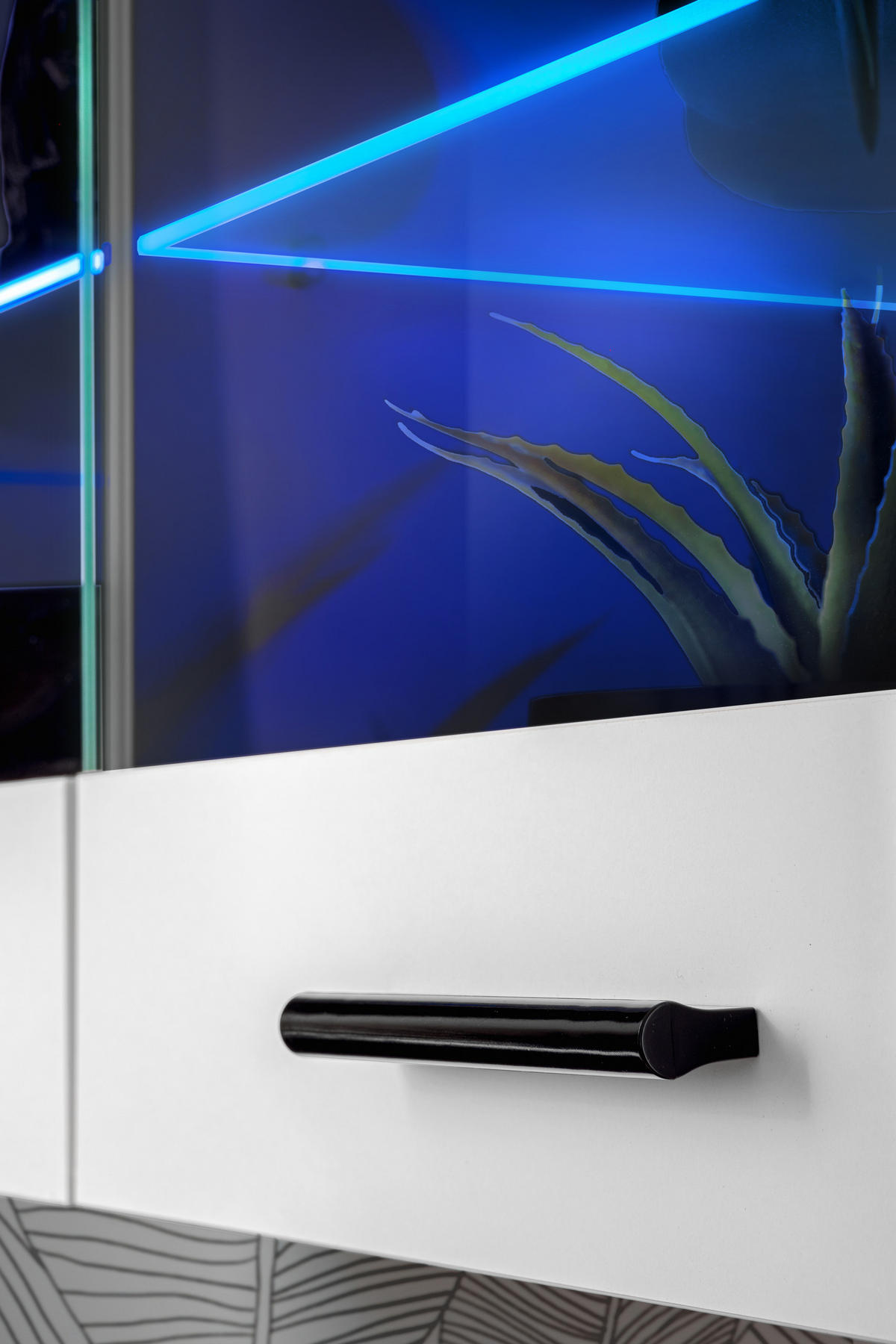 WOHNZIMMERSET Foggia, 6er-Set, Schwarz, Front Hochglanz Weiß, LED Blau - Schwarz/Weiß, Glas/Holzwerkstoff (230/190/45cm) - Komodee