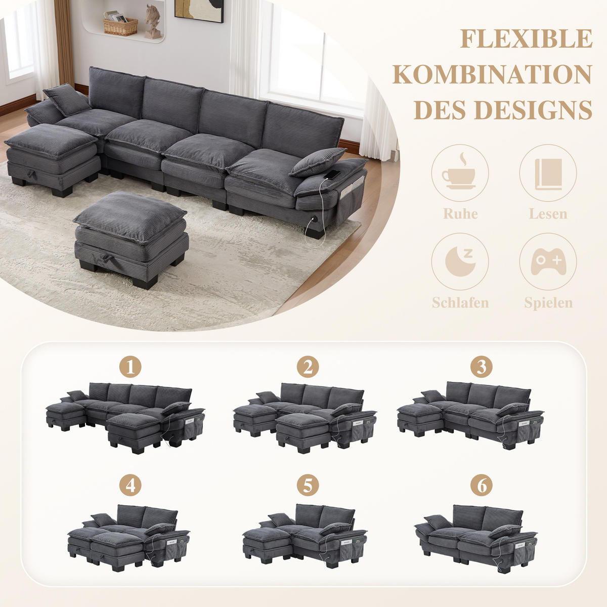 WOHNLANDSCHAFT Cord Dunkelgrau mit 2 Hockern, USB-C und Seitentaschen - Dunkelgrau, Holzwerkstoff/Kunststoff (330/84/132cm) - WISHDOR
