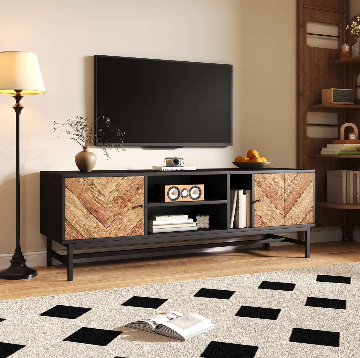 TV-SCHRANK aus Eisen 150x38x55 cm Schwarz/Natur mit viel Stauraum und stabilem Metallgestell - Hellbraun, Holzwerkstoff (150/55/38cm) - Modfu