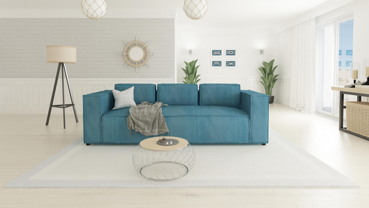 3-SITZER-SOFA Nova Türkis Cord - Türkis/Schwarz, Holz/Kunststoff (230/64/92cm) - S-Style Möbel