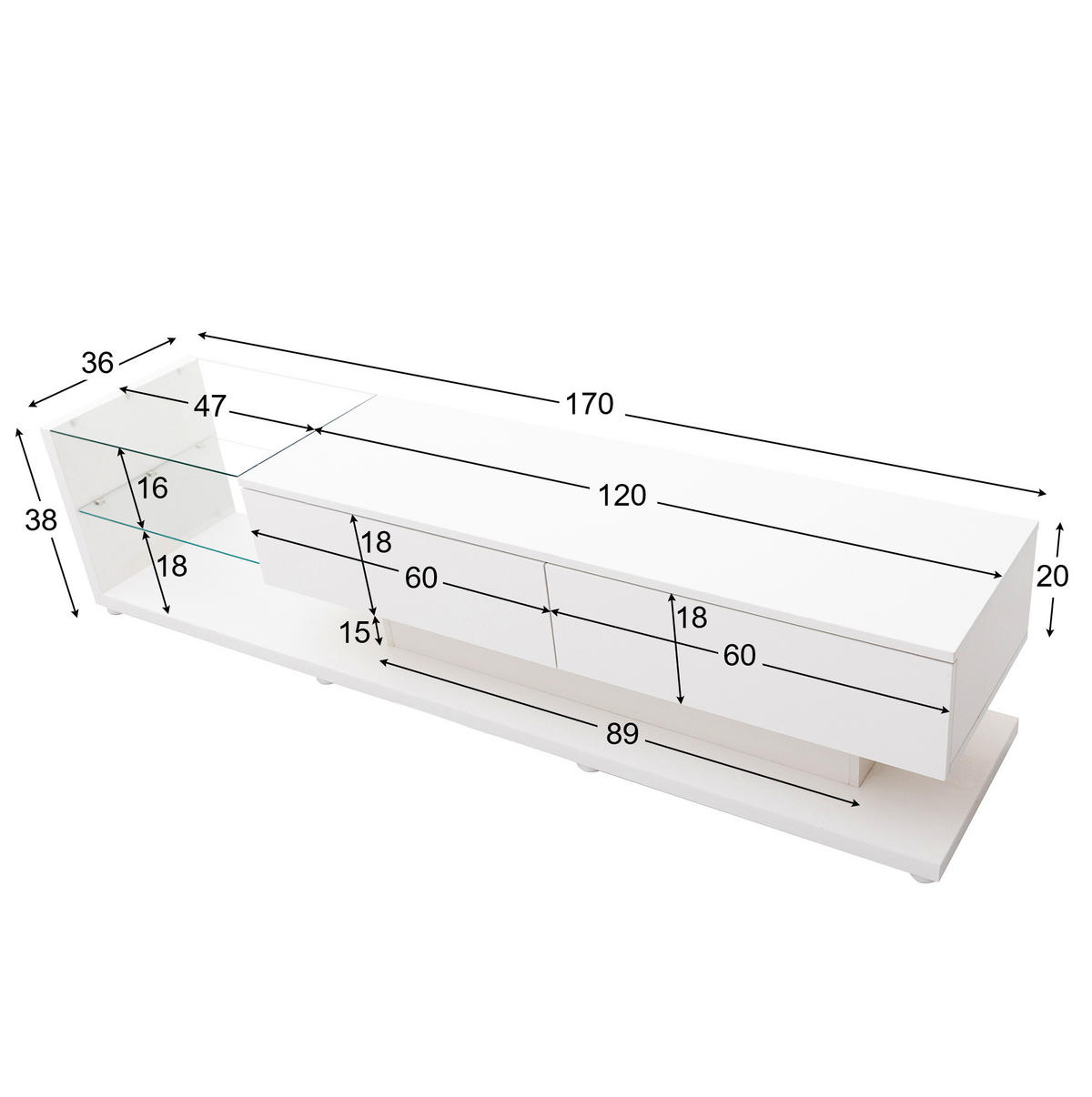 LOWBOARD 170/36/38 cm Weiß aus Spanplatte mit LED-Beleuchtung - Weiß, Holzwerkstoff (36/38/170cm) - OKMYHOME