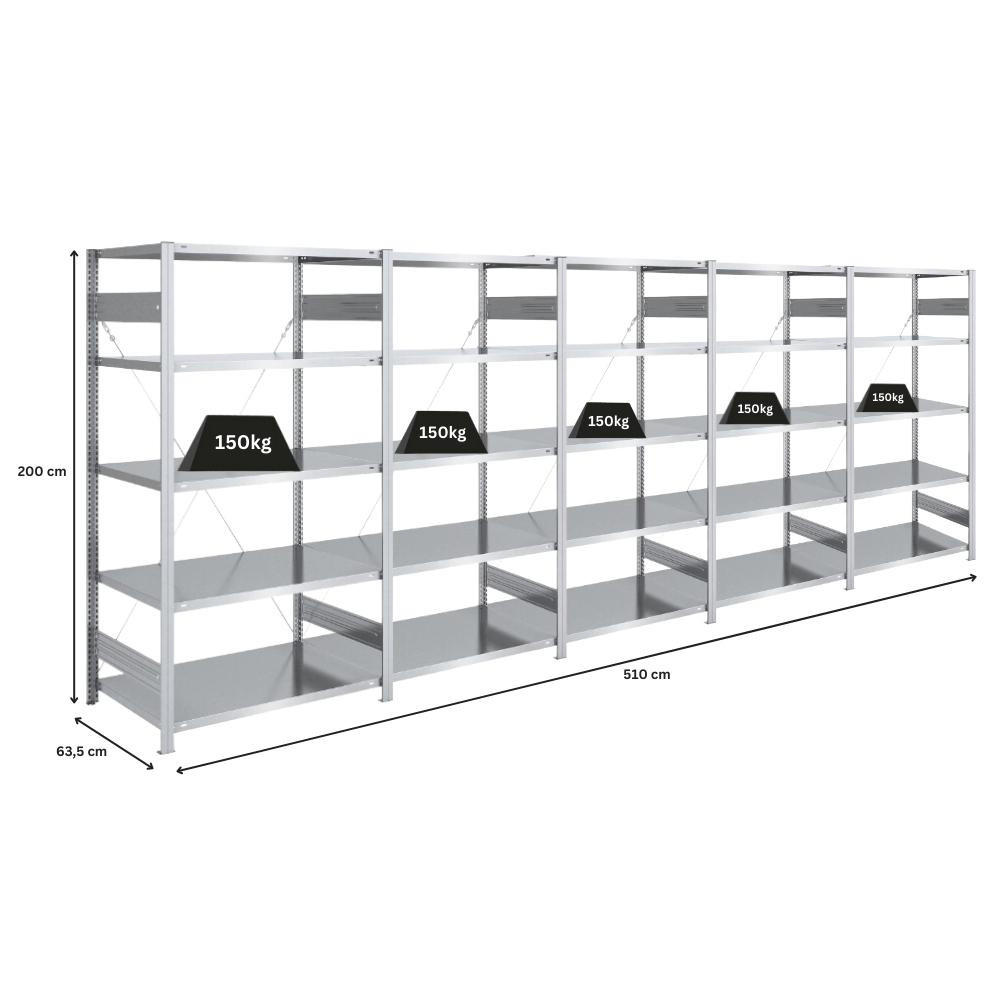 SCHWERLASTREGAL Silver Mamba 200x500x60cm 5 Ebenen je 150kg Fachlast Verzinkt - Silberfarben, Metall (500/200/60cm) - PROREGAL
