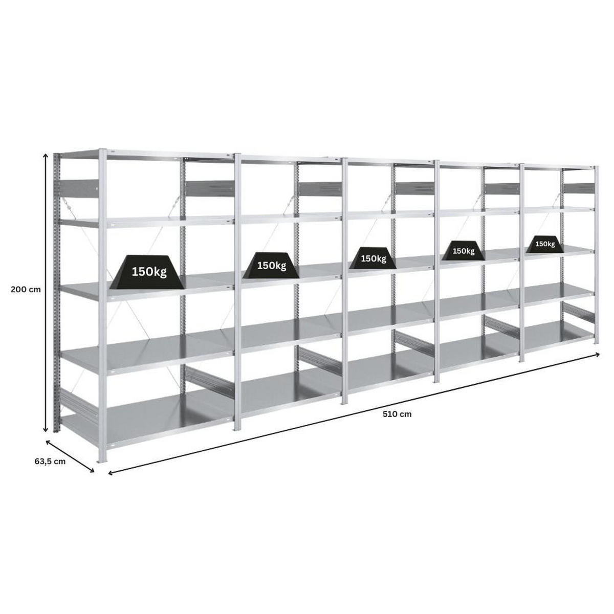 SCHWERLASTREGAL Silver Mamba 200x500x60cm 5 Ebenen je 150kg Fachlast Verzinkt - Silberfarben, Metall (500/200/60cm) - PROREGAL