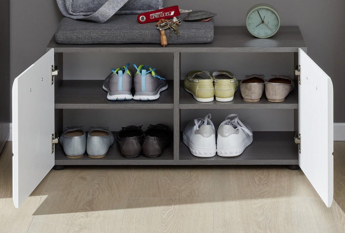 GARDEROBENBANK Hochglanz weiß, Sardegna grau 80 x 41 cm, Schuhbank mit Türen - Weiß Hochglanz/Silberfarben, Holzwerkstoff/Kunststoff (80/35/41cm) - Top.Furn