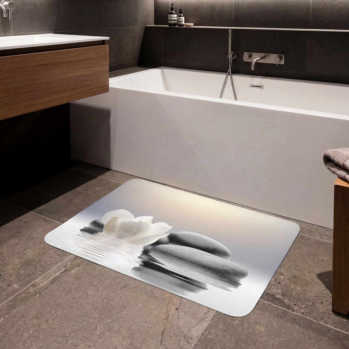 KOUPELNOVÁ PŘEDLOŽKA Kameny - Lotos - Bílý - Voda - Zen 90x60 cm - bílá, textil/plast (90/60cm) - OnlyWow