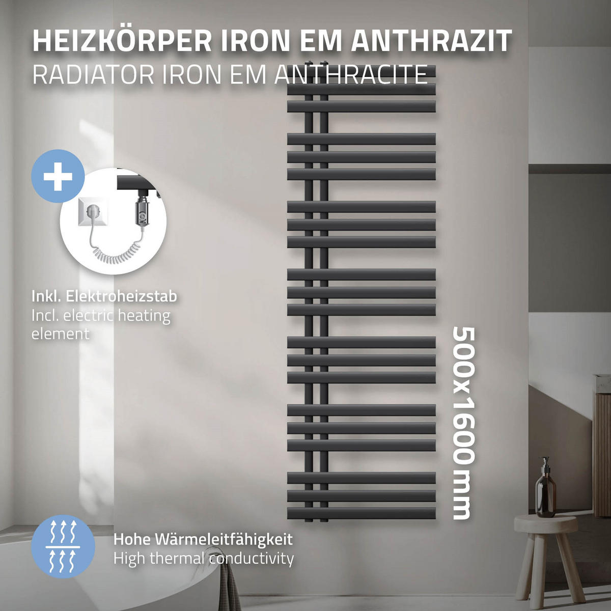 ELEKTRICKÝ koupelnový radiátor Iron EM 500 × 1600 mm, antracitový, s topným tělesem 900 W - antracitová, kov (50/160/3cm) - LuxeBath