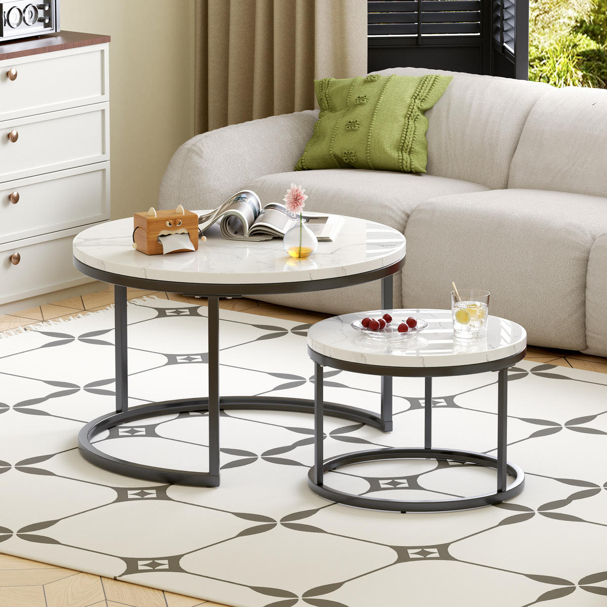 COUCHTISCH in Weiß/Schwarz Hitzebeständiger Wohnzimmertisch mit Marmor-Optik Platte Sofatisch mit Metallgestell - Schwarz, Holzwerkstoff/Metall (70/70/45cm) - STILVORA