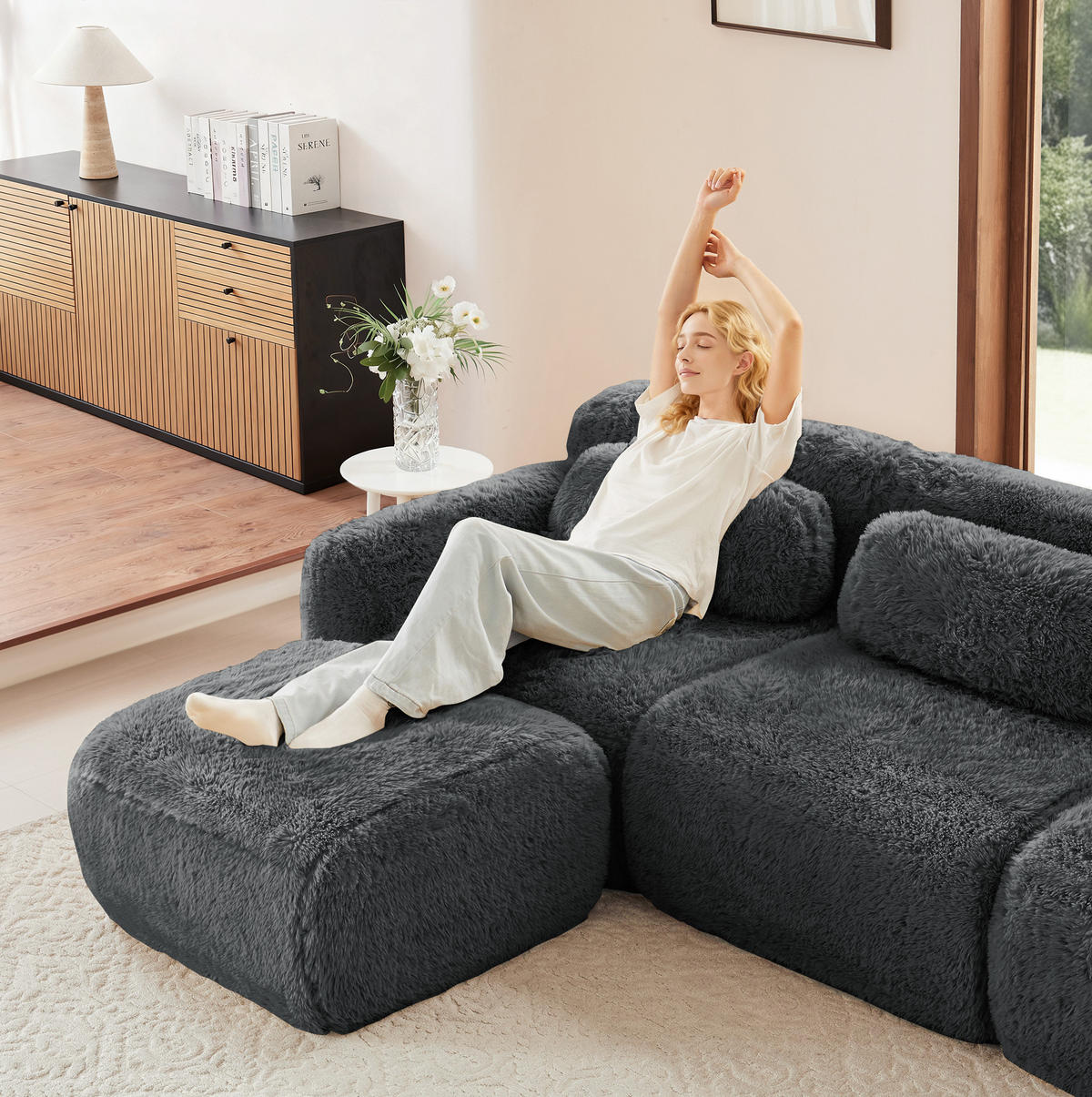 SOFA modular mit 2 Ottomans Plüsch Grau - Grau, Kunststoff (179/73/204.1cm) - Meubliv