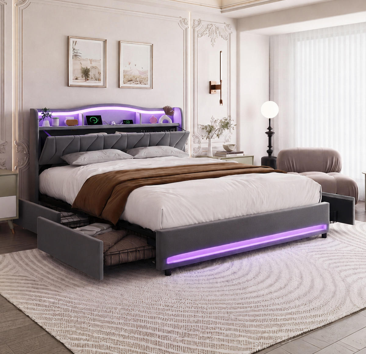 POLSTERBETT 140x200 cm Grau mit LED, USB-C, 4 Schubladen - Grau, Holz (140/200cm)