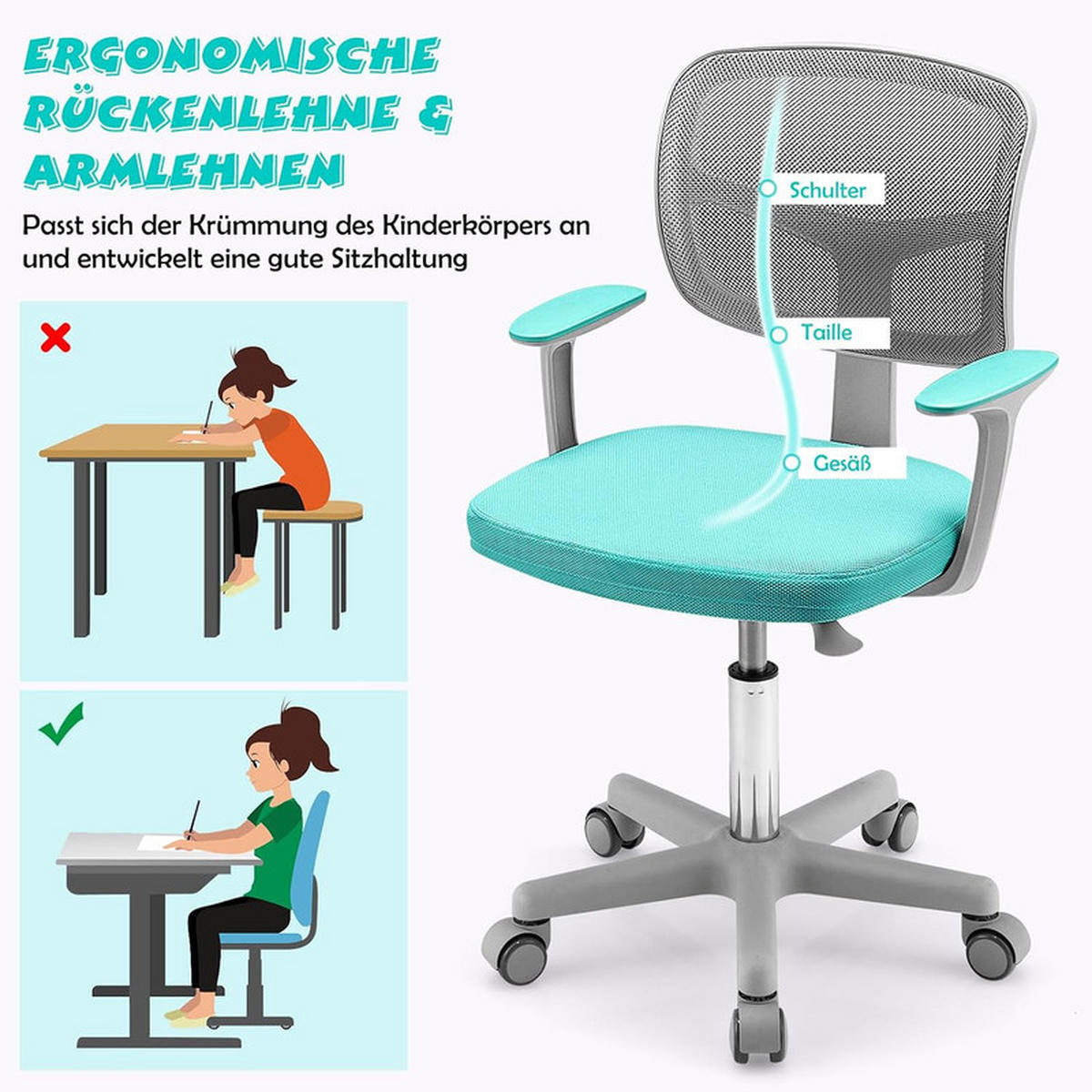 KINDER‑BÜROSTUHL 360°drehbar türkis - Hellblau, Kunststoff (54/80/54cm) - COSTWAY