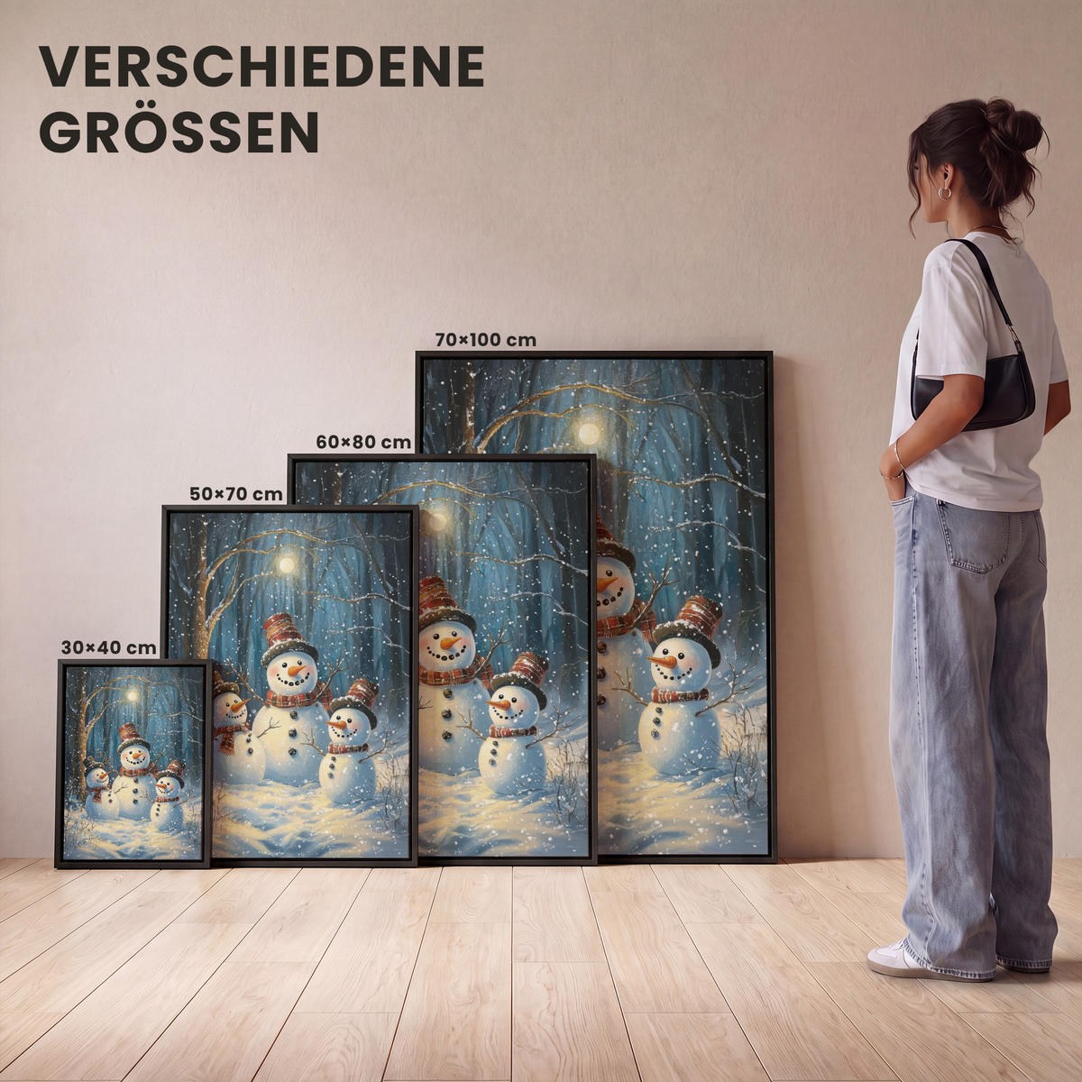 LEINWAND Bilder mit Rahmen - Schneemann - Schnee - Winter - Wald - 70x100 - Hellblau, Textil (70/100cm) - MuchoWow