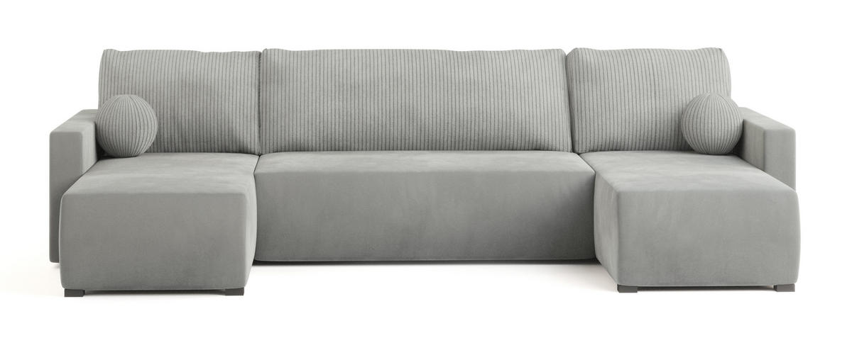 WOHNLANDSCHAFT TESSUN Hellgrau Plüsch-Stoff mit Schlaffunktion - Hellgrau, Holz (286/85/143cm) - MASSENO