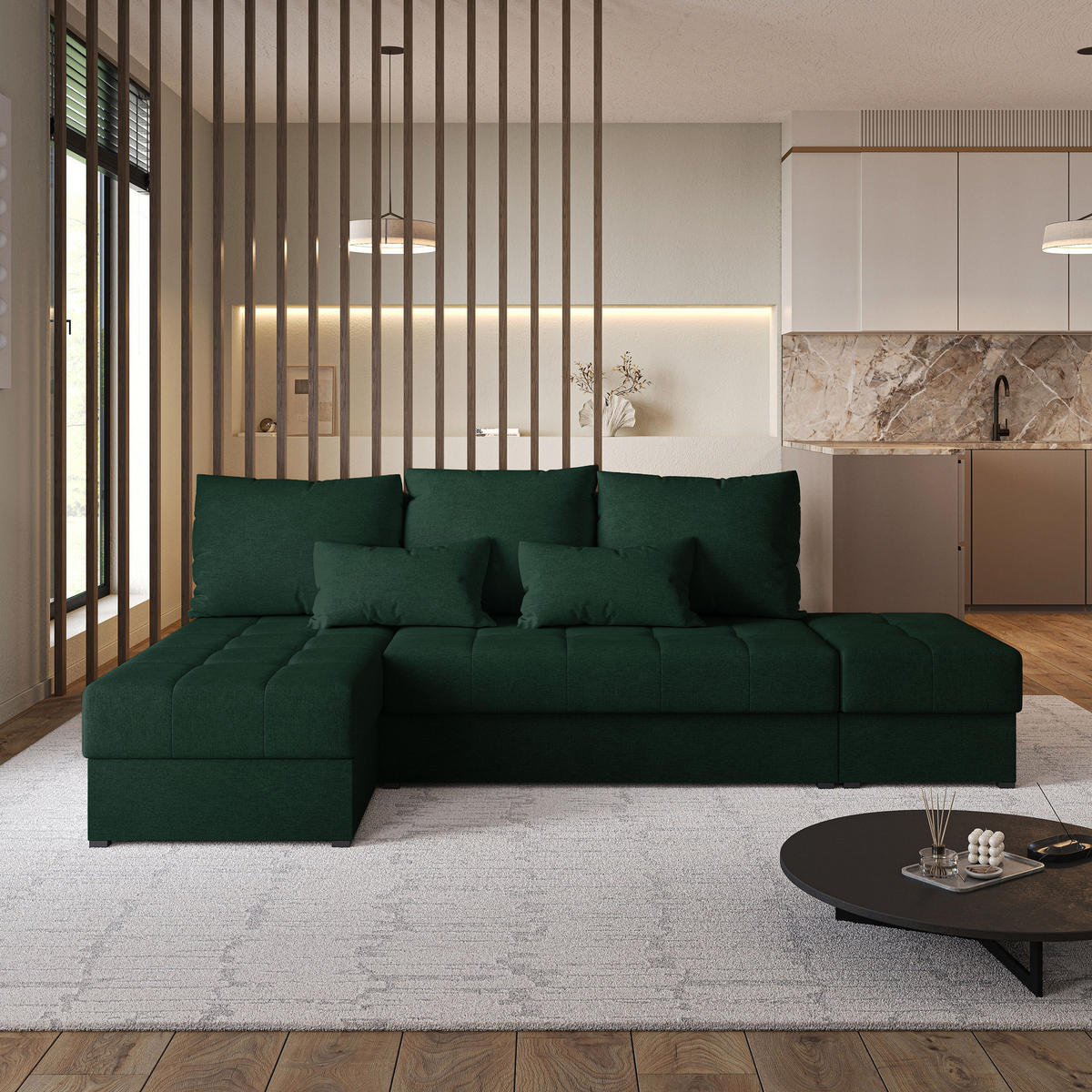 ECKSOFA NORVI Grün Geflochtener Stoff mit Schlaffunktion - Grün, Holz (251/143cm) - MASSENO