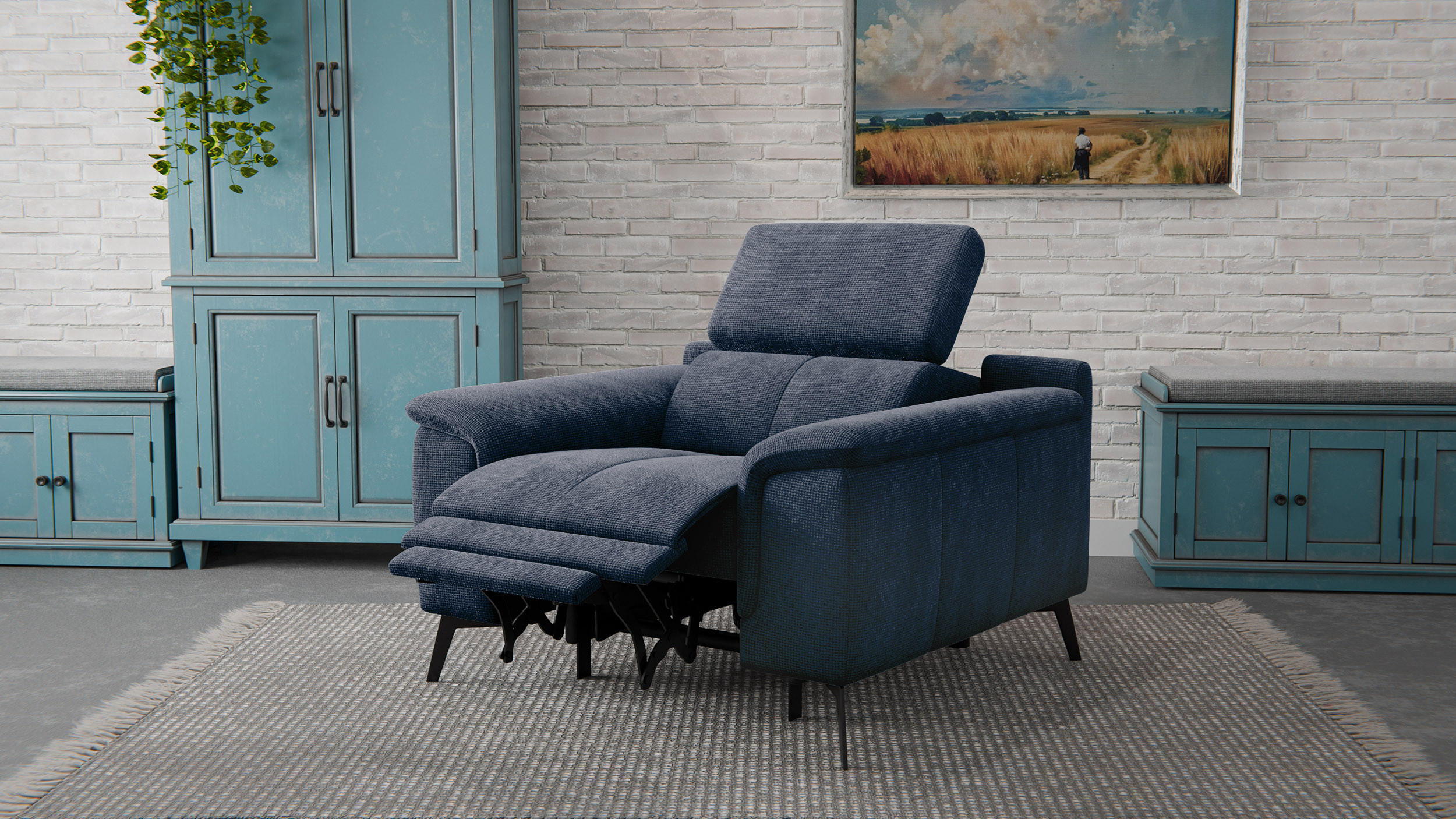 SESSEL FIERO mit Relaxfunktion, dunkelblau - Schwarz/Dunkelblau, Holzwerkstoff/Textil (114/82/103cm) - Courtois Laville