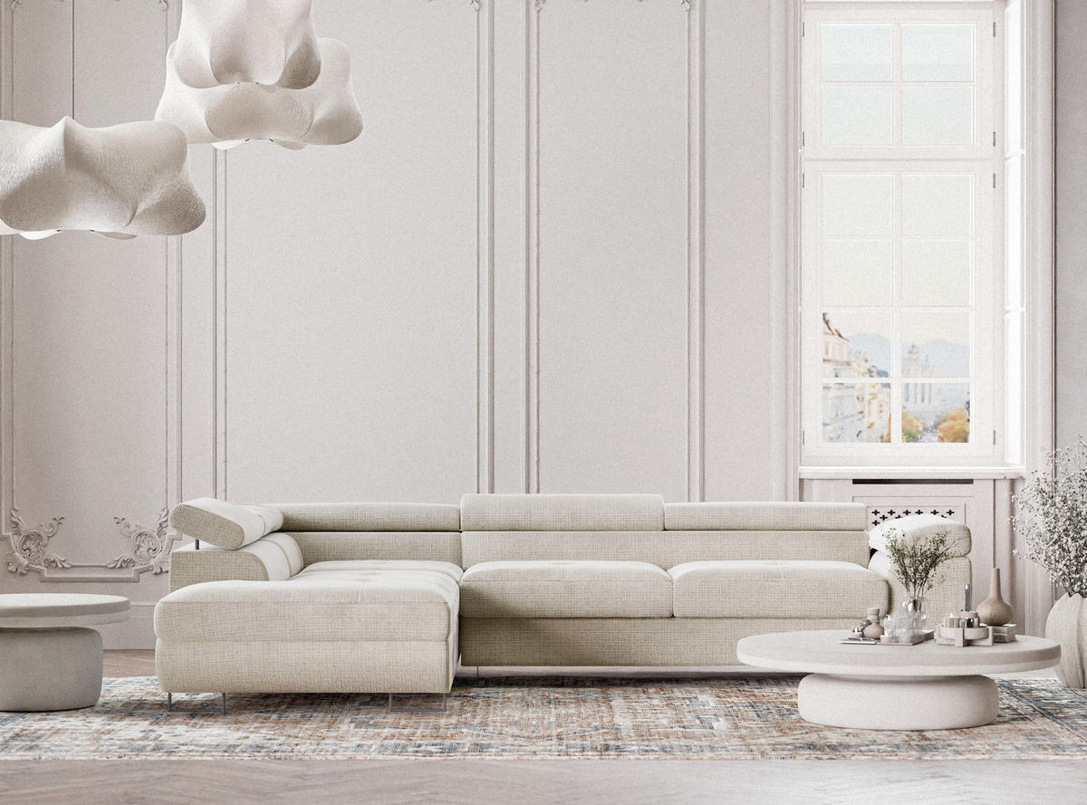 ECKSOFA Concord Beige grau Chenille-Stoff - Links Seite - Greige/Schwarz, Holz/Holzwerkstoff (203/277cm) - Maison de Reve