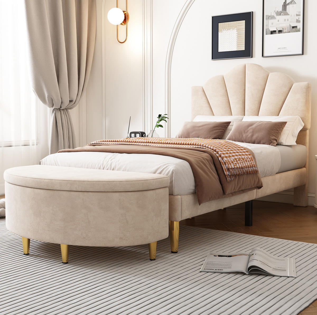 POLSTERBETT 90/200 cm mit verstellbarem Kopfteil, Samtbezug und Polsterbank mit Stauraum, Beige - Beige, Textil (90/200cm) - Redom