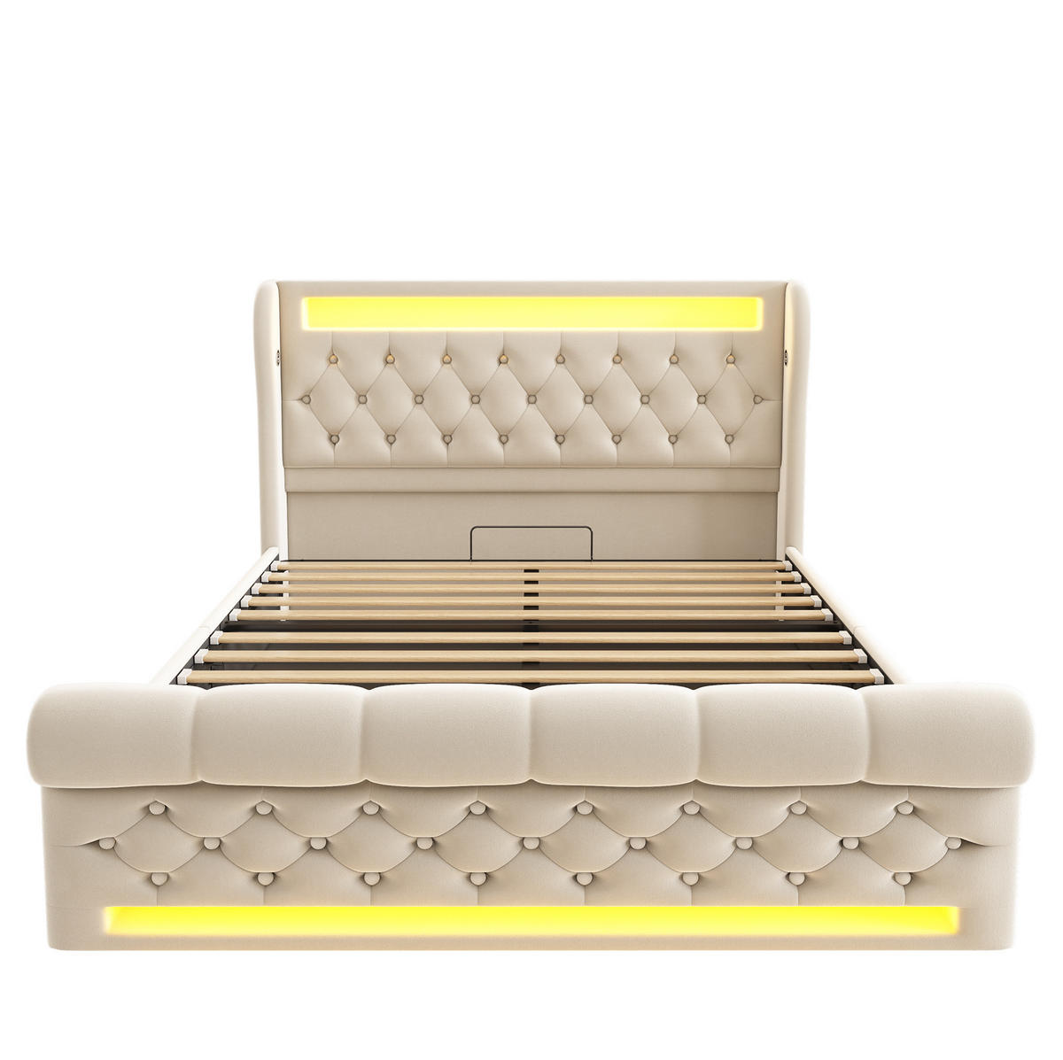 ČALOUNĚNÁ postel 140/190 cm béžová ze sametu, dřeva a kovu s LED osvětlením, USB a úložným prostorem - béžová, textil (140/190cm) - OKWISH