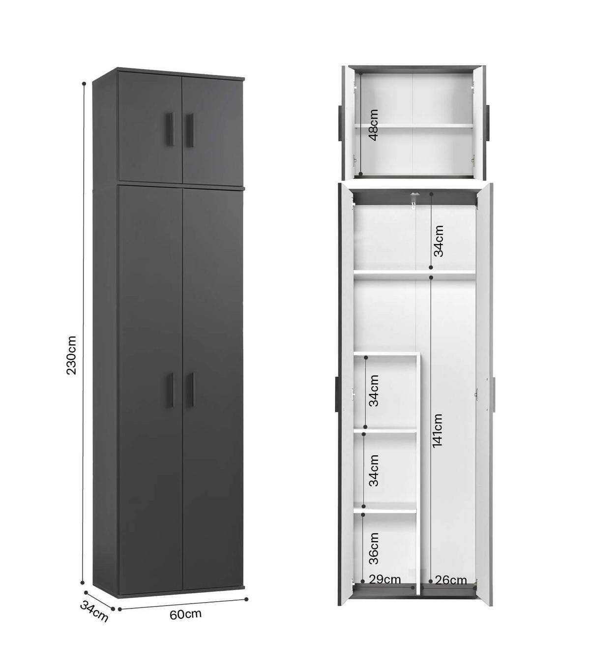 MEHRZWECKSCHRANK Der Extralange - Anthrazit/Schwarz, Holzwerkstoff (60/230/34cm) - Mokebo