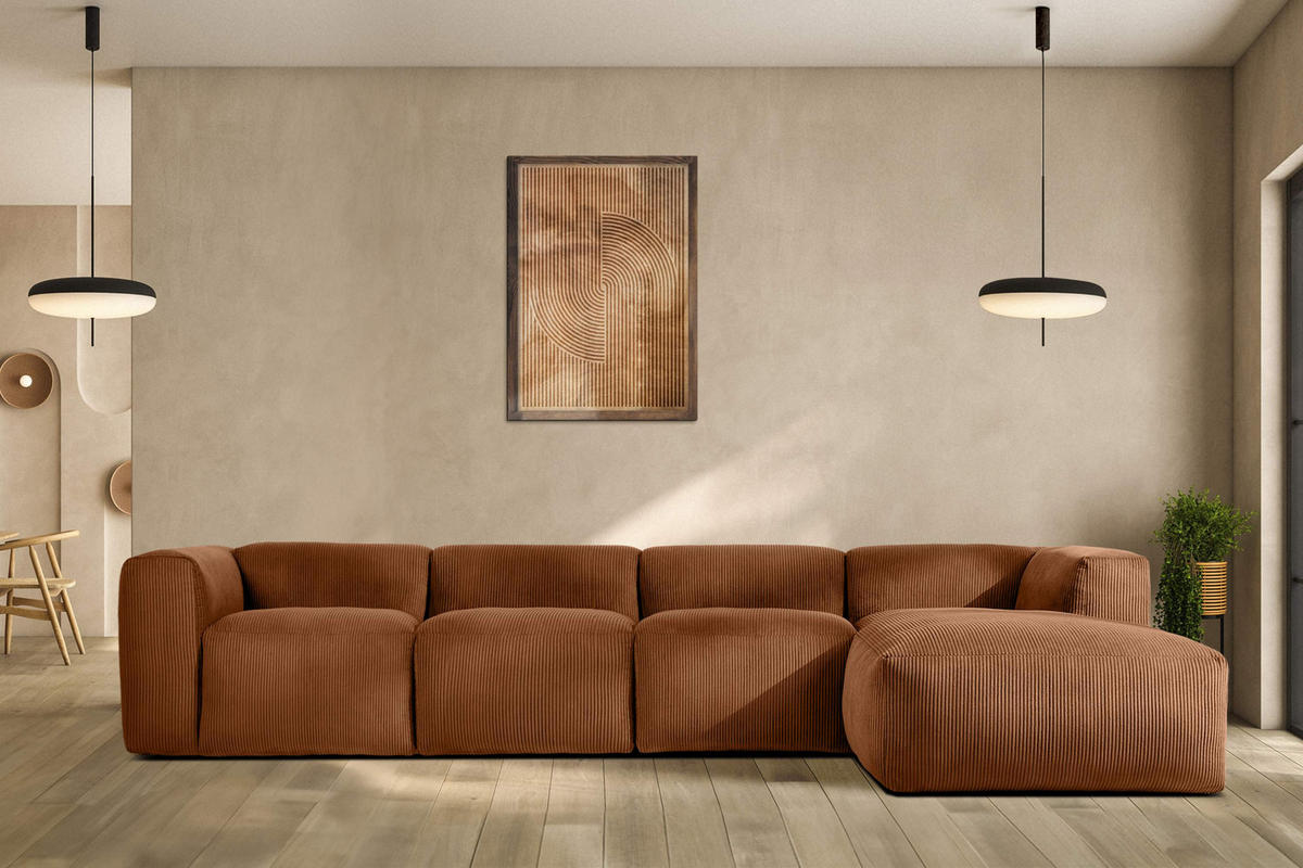 ECKMODULSOFA-LINKS BUFFO 6-Sitzer mit extrem weicher Sitzfläche, Kordstoff, ore - Orange, Textil (377/180cm) - KONSIMO®