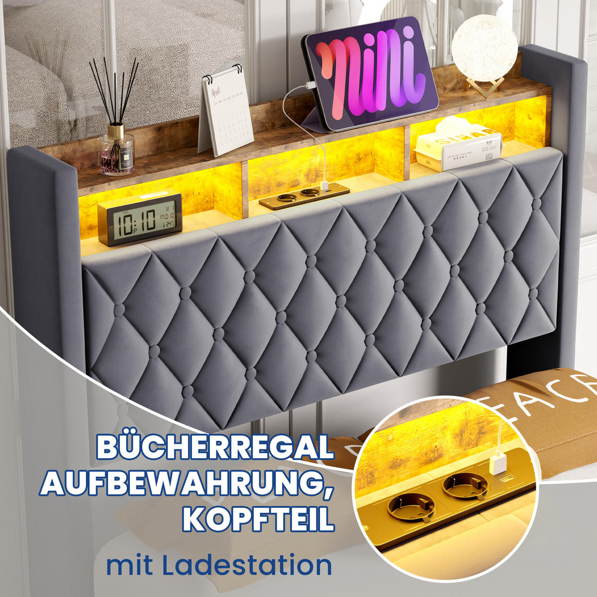 POLSTERBETT 140/190 cm Grau mit LED-Lichtleiste und USB-Anschlüssen - Grau, Holzwerkstoff (140/190cm) - OKWISH