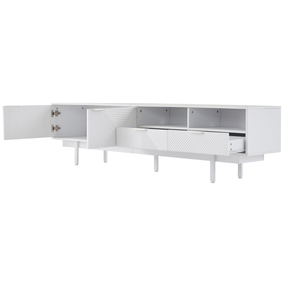 TV-LOWBOARD aus Spanplatte 200x40x51 cm Weiß mit Stauraum, Kabelmanagement und geometrischer Front - Weiß, Holzwerkstoff (200/51/41cm) - Modfu