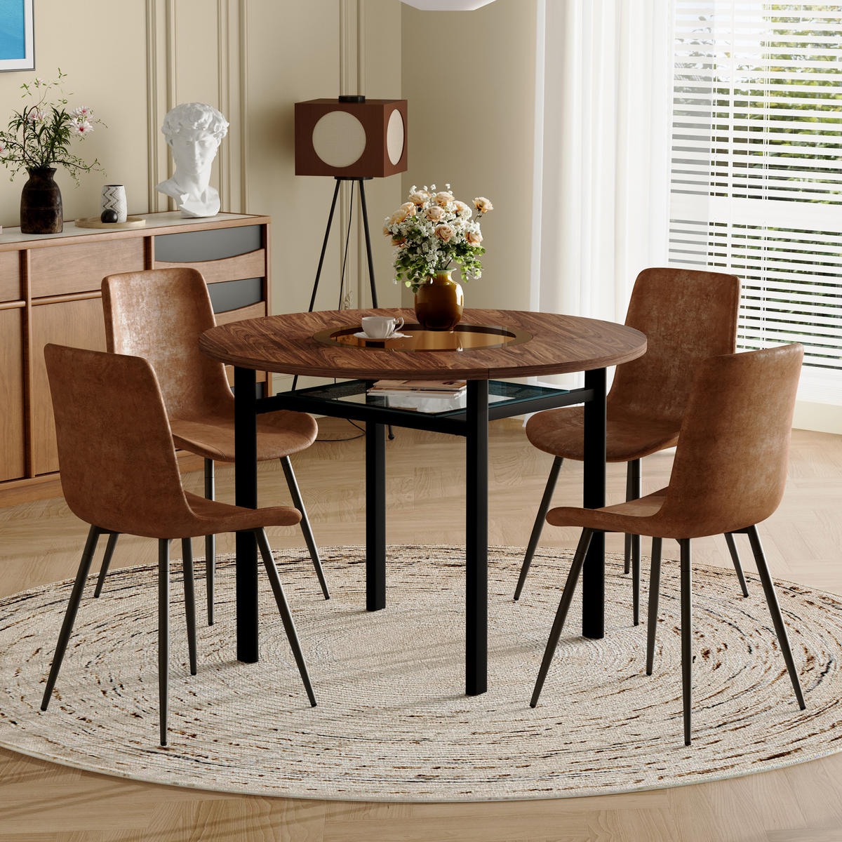 ESSGRUPPE DE-39352 5-teilig, rund mit 4 Stühlen Braun - Braun, Metall (100/76/100cm) - ComfortXL