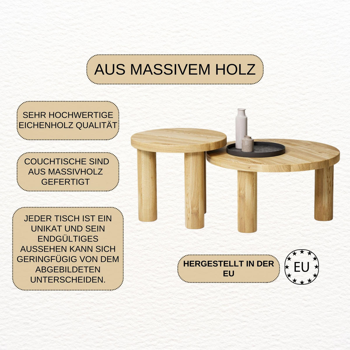 COUCHTISCH SET Eichenholz vollmassiv rund Naturbelassenen 70/70/37 - Naturfarben, Holz (70/70/37cm)